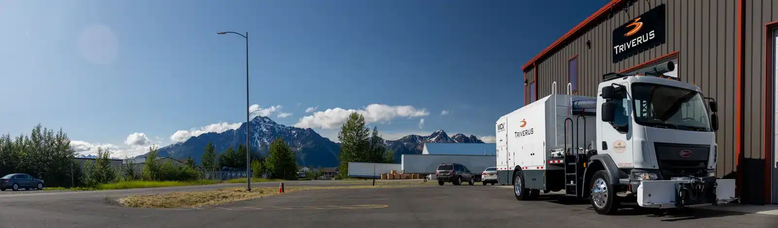 Commercial service truck panorama in front of Alaska mountains for a company video