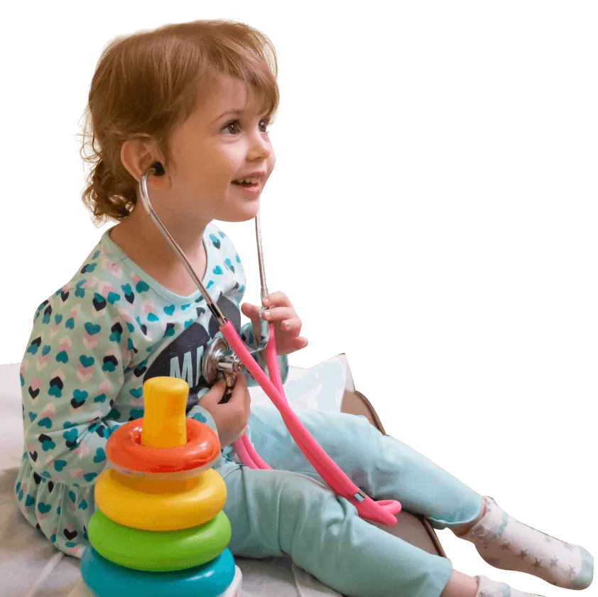 Young child playing with a stethoscope, cut-out photo for a pediatric clinic social media graphic