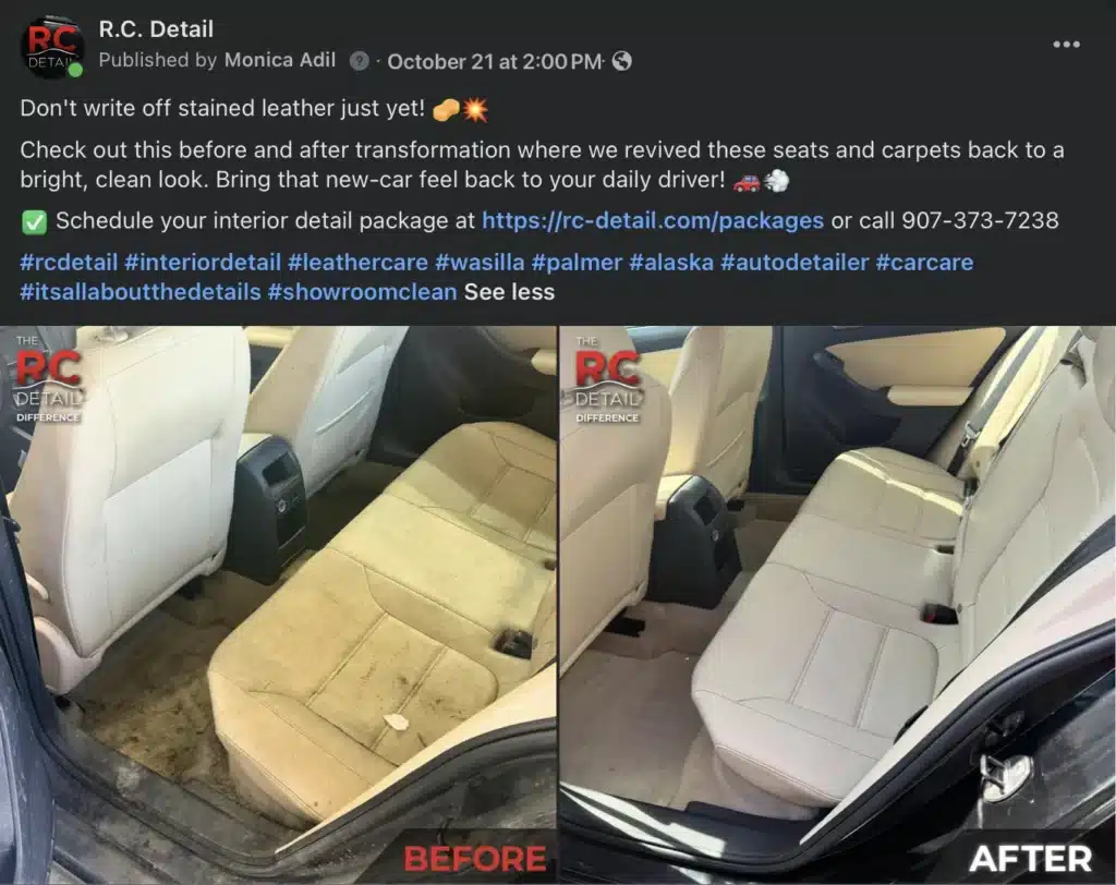 R.C. Detail Facebook post showing a before-and-after leather seat and carpet cleaning