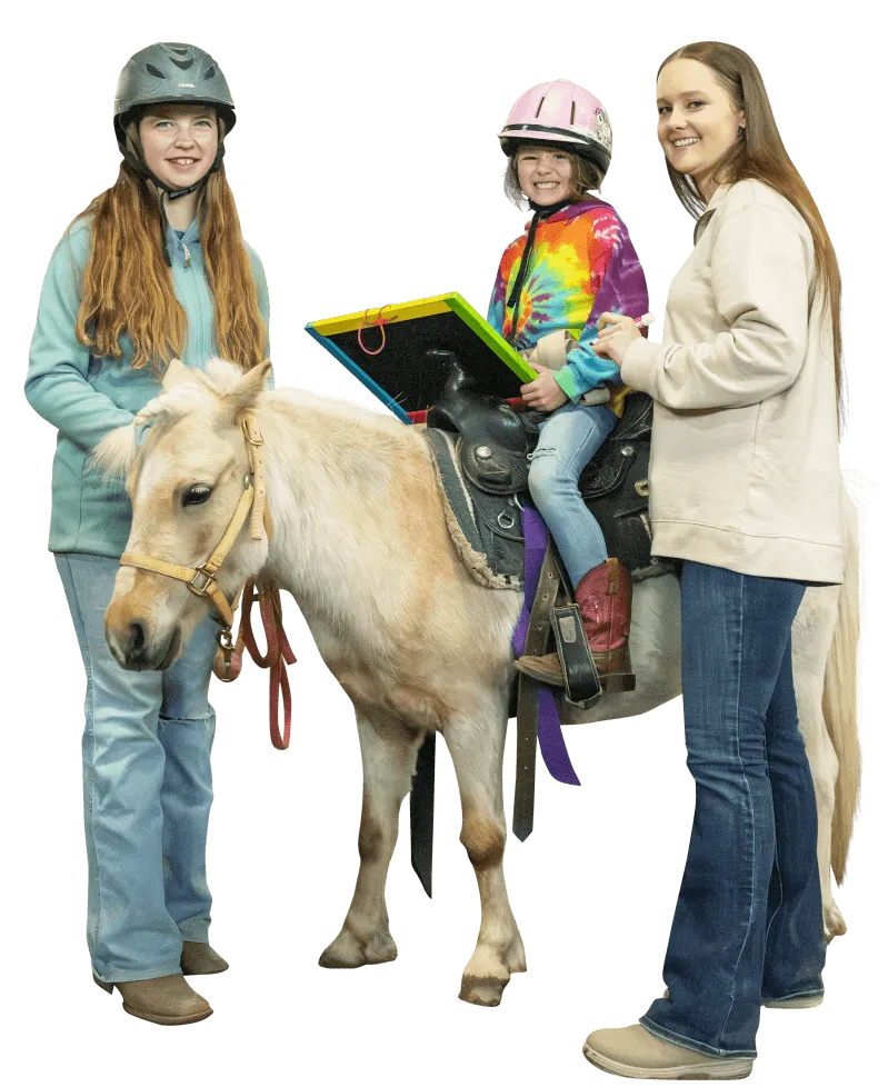 Child on a pony during equine therapy, photo edited for a social media post