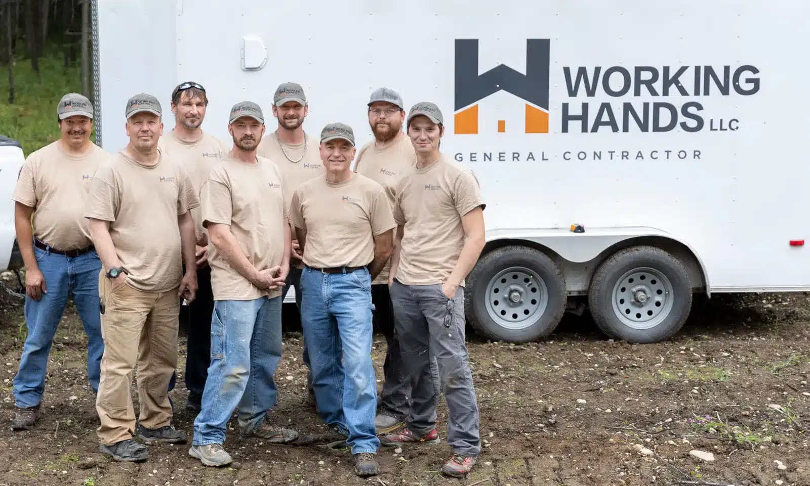 Working Hands LLC general contractor crew in Wasilla, Alaska with branded trailer by Hatcher Digital